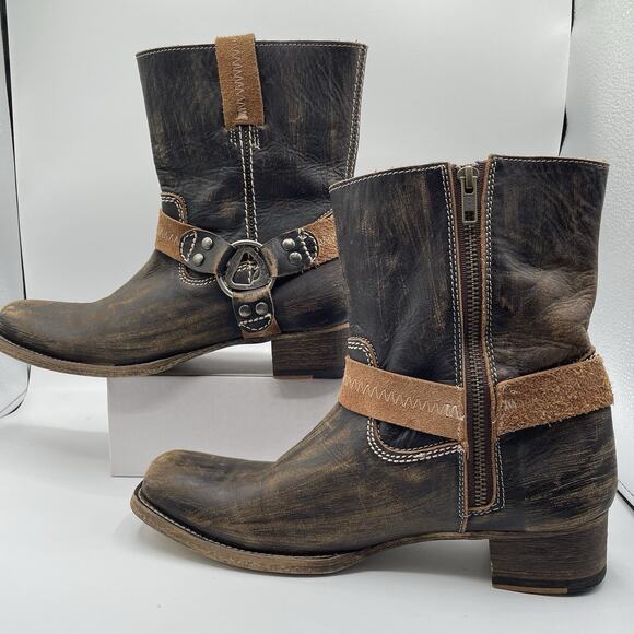 BED STU Roma Harness Ankle Boots Women's 10 Brown Distressed Leather Moto Biker - Picture 4 of 15